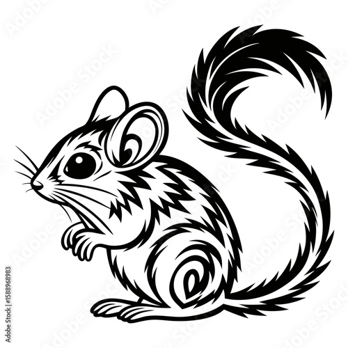 A stylized black and white illustration of a mouse with a bushy tail