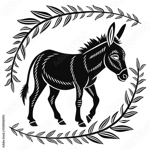 A donkey framed by foliage in a black and white illustration