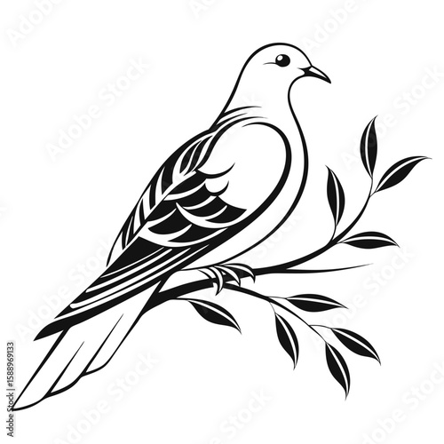 A dove sits on a branch with leaves