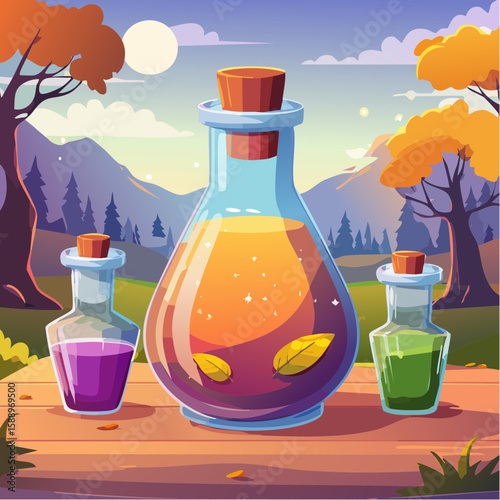 Magic potion bottle or Halloween witch elixir and poison drink