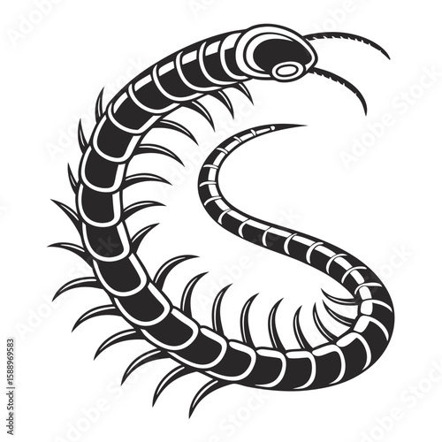 A stylized centipede with a curved, segmented body