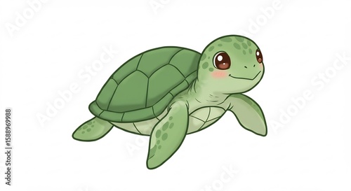 Adorable baby sea turtle cheerfully crawls against a bright white background. AI Generated