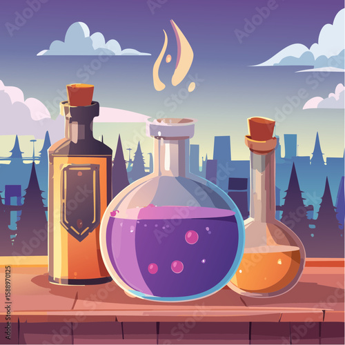 Magic potion bottle or Halloween witch elixir and poison drink