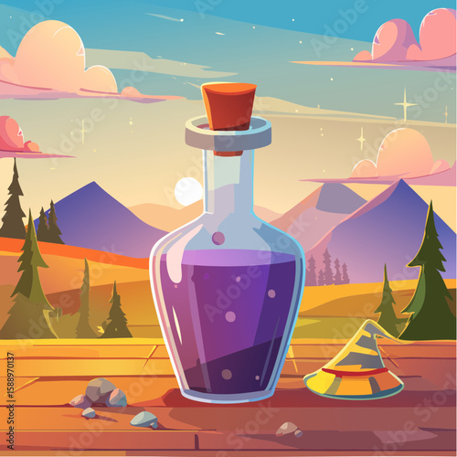 Magic potion bottle or Halloween witch elixir and poison drink