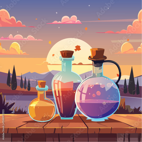 Magic potion bottle or Halloween witch elixir and poison drink