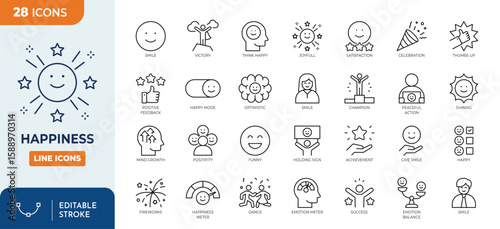 Happiness line editable icon set. Editable stroke. Vector illustration