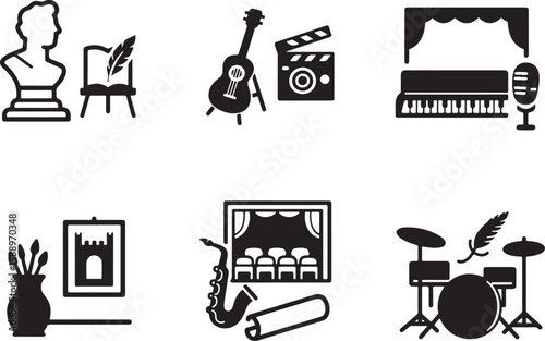 Collection of artistic and performance icons including sculpture writing music theater painting and drumming isolated on transparent background