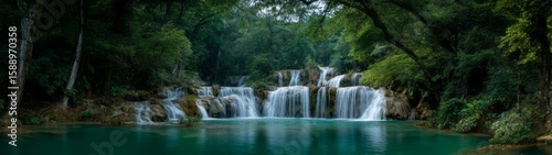 Serene waterfall adventure lush forest hdr 360 degrees panoramic view tranquil environment