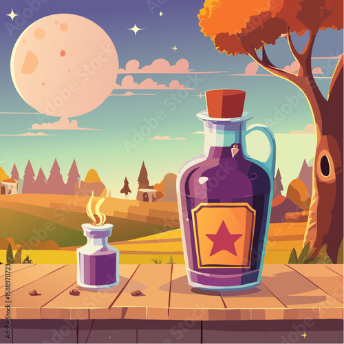 Magic potion bottle or Halloween witch elixir and poison drink