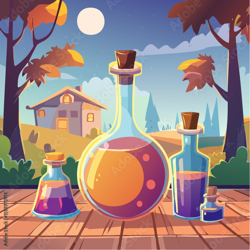 Magic potion bottle or Halloween witch elixir and poison drink