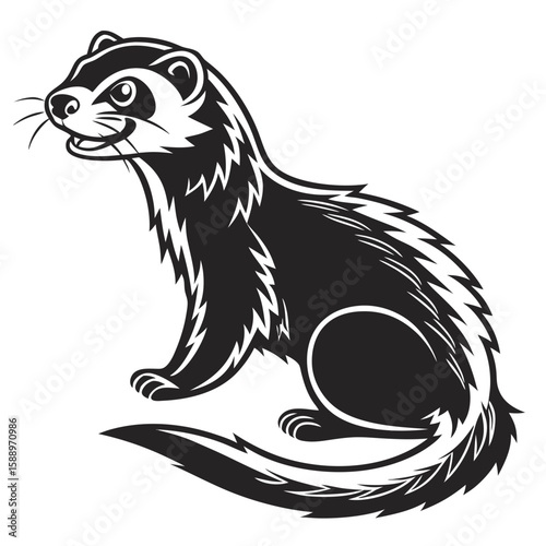 A stylized black and white illustration of a ferret
