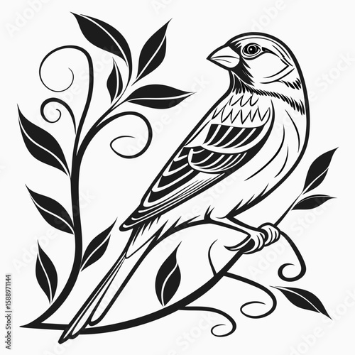 Stylized bird perched on a decorative branch with leaves