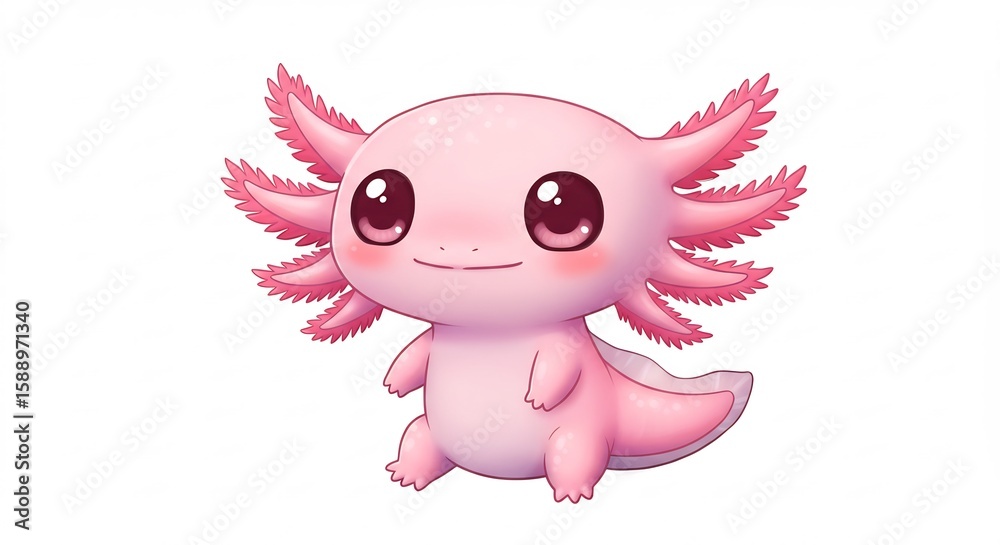 Fototapeta premium Adorable pink axolotl cheerfully poses soft light. AI Generated