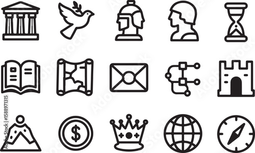 Collection of historical and cultural icons including a building dove helmets hourglass book map envelope network castle mountain coin crown globe and compass isolated on transparent background