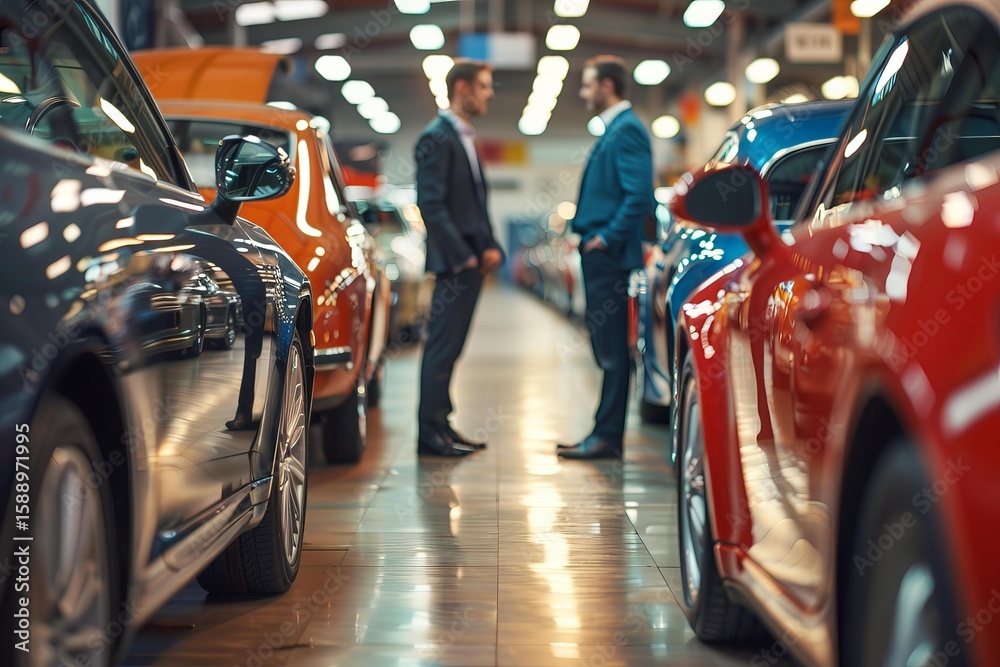 Fototapeta premium Two businessmen are discussing between parked cars in a showroom
