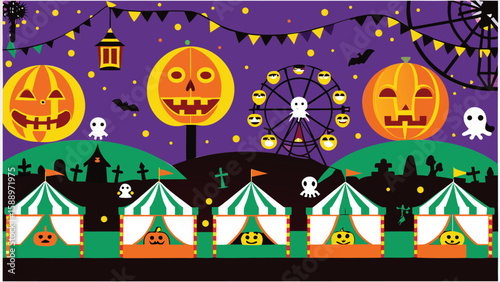 A halloween themed carnival with pumpkin lanterns tents and a ferris wheel under a starry night sky scene