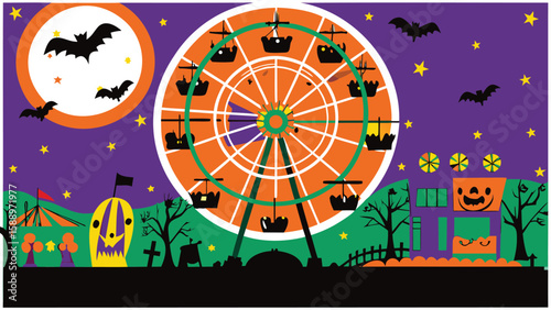 A halloween scene featuring a ferris wheel bats stars pumpkins and spooky trees at night time landscape