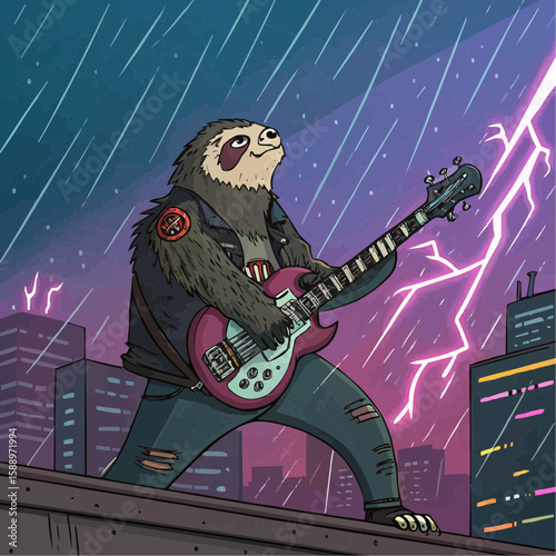 Punk Rock Sloth Playing Electric Guitar on Rooftop in Rainstorm
