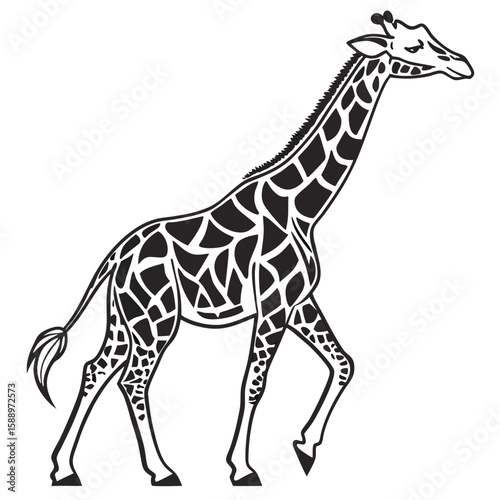 Black and white drawing of a giraffe with patterned spots