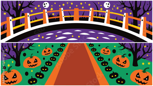 Halloween scene with a bridge at night and pumpkins along a path in a spooky illustration style