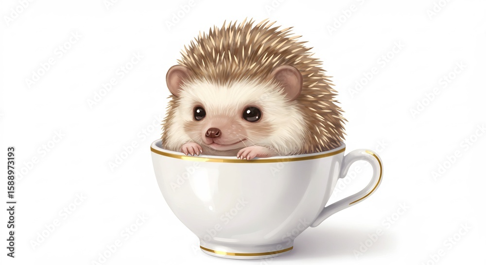 Fototapeta premium Adorable hedgehog snuggles happily inside a delicate teacup bathed in soft light. AI Generated