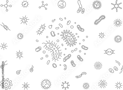 Gray Outline of Bacteria, Viruses, and Microbes on White Background Icons Pattern
