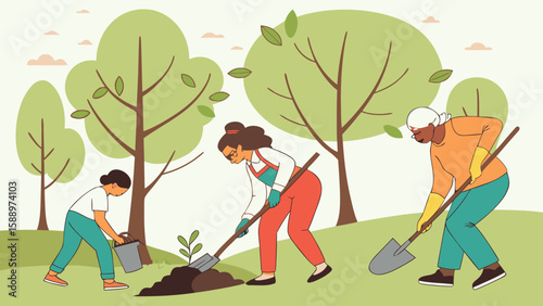 Three generations planting a tree together in a park with trees and leaves around them outdoors