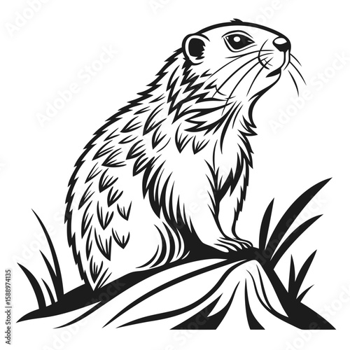 A curious groundhog sitting on a rock with grass