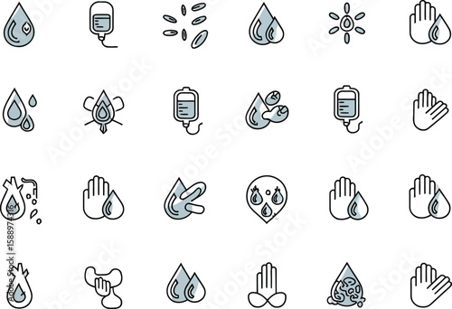 Icon Set Featuring Fluid Dynamics and Medical Treatments Isolated on White