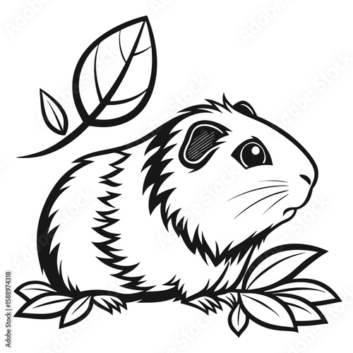 A cute guinea pig sits among leaves