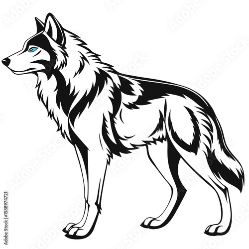 A stylized wolf with blue eyes, isolated on white background
