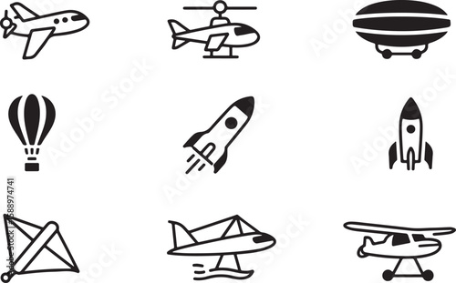 Collection of nine simple black line art icons representing different modes of air transportation isolated on transparent background