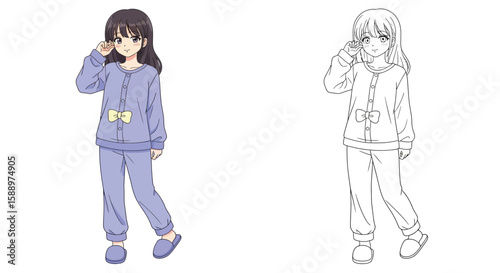 Anime Girl in Pajamas Coloring Sheet Displaying Full Color and Detailed Line Art Styles