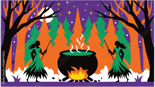 Two witches brew a potion in a cauldron surrounded by trees under a starry night sky in a forest scene