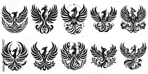 Phoenix tribal tattoo vector designs in black isolated on white background. Pheonix coat of arms.