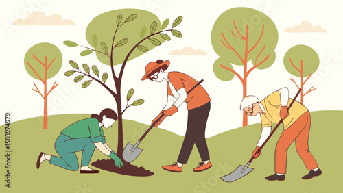 Three people planting a tree in a park with shovels and gloves on a sunny day with trees around