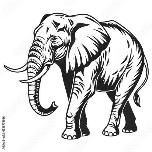 A detailed illustration of an elephant with tusks and trunk
