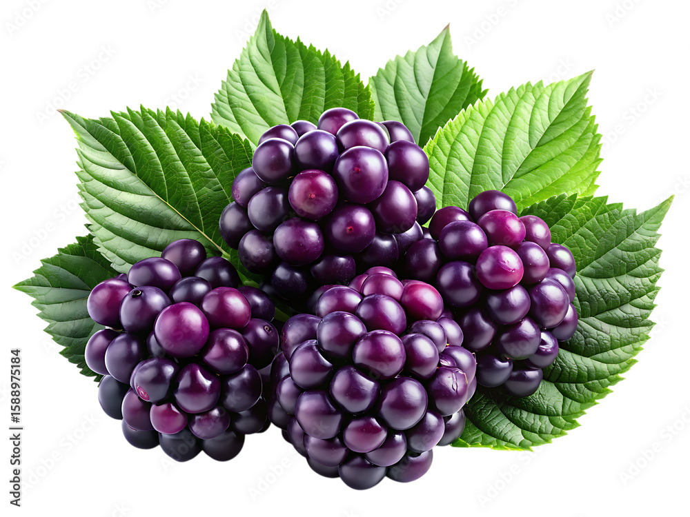 Fototapeta premium Dark purple berry clusters with vibrant green leaves on a black background isolated on a transparent background 1