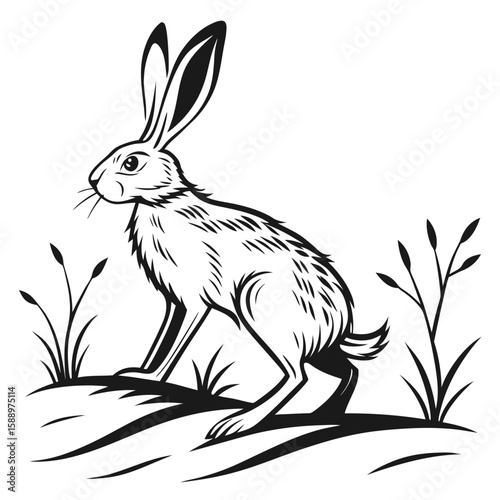 Stylized hare running in grass, black and white illustration