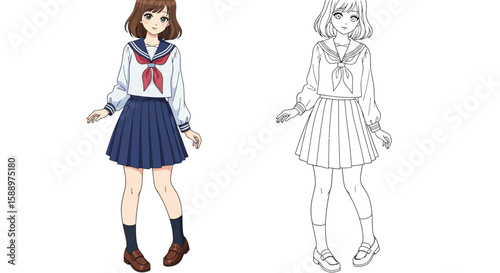 Anime Girl in School Uniform Coloring Page with Vibrant Full Color and Clean Outline