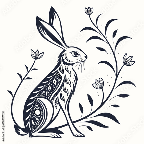 Stylized hare with floral elements, black and white illustration