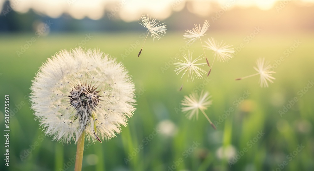 Golden sunlight illuminates fluffy dandelion seeds gently blowing on a breezy summer day. AI Generated Golden sunlight illuminates fluffy dandelion seeds gently blowing on a breezy summer day. AI Generated