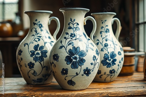 Glossy Gray Stoneware Bembels with Blue Floral Decor