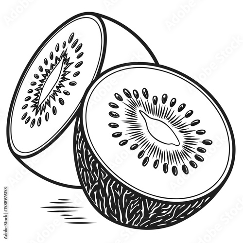 Two halves of a kiwi fruit with decorative patterns
