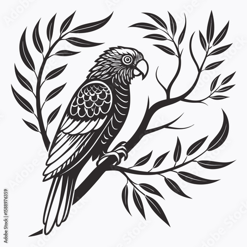 A decorative illustration of a parrot perched on a branch