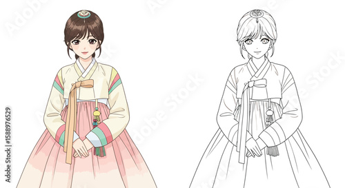 Anime Girl in Traditional Hanbok Coloring Page with Both Colored and Elegant Outline Art