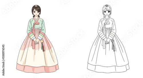 Anime Girl in Traditional Hanbok Coloring Sheet Displaying Full Color and Detailed Line Art