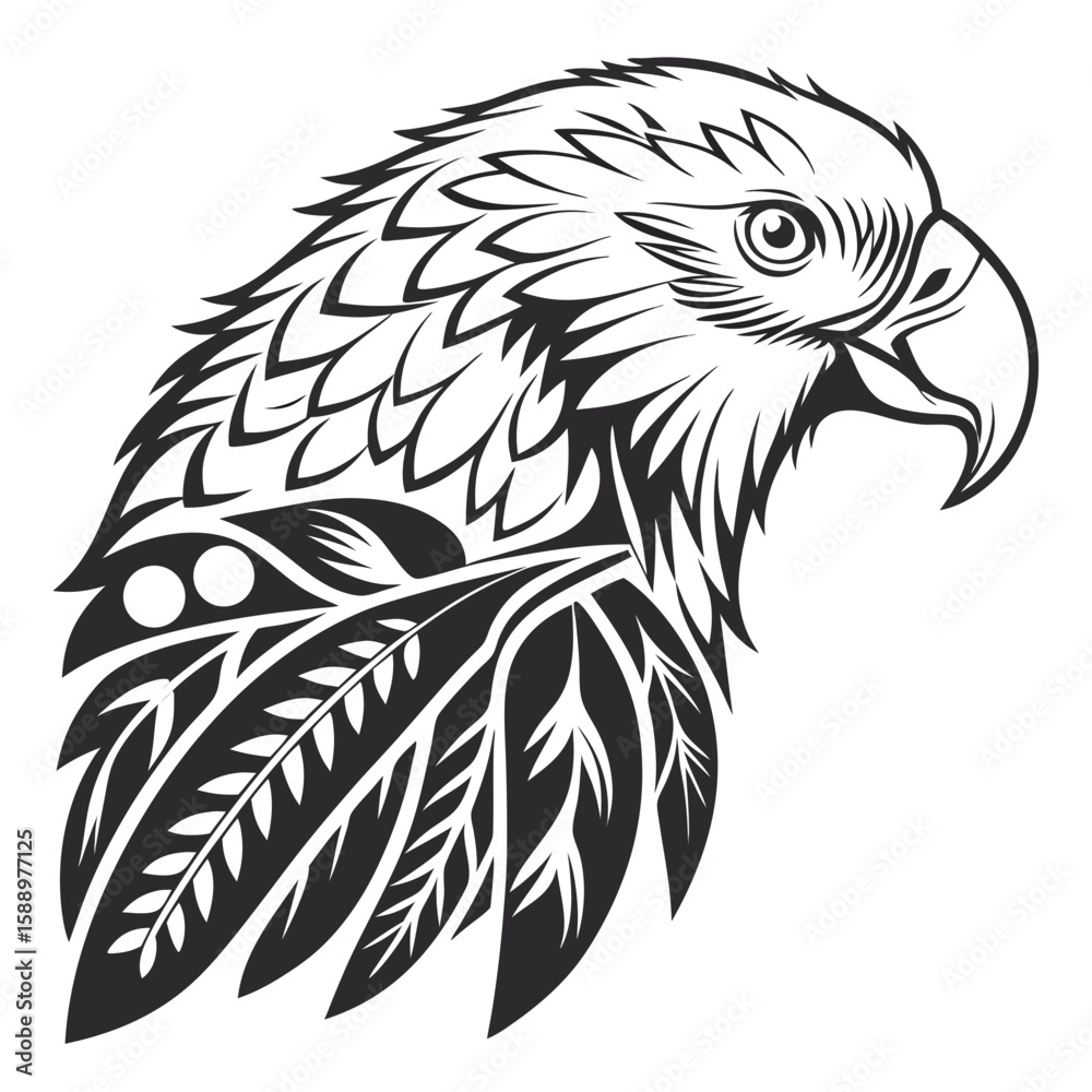 Obraz premium Stylized eagle head with tribal feather design, vector art