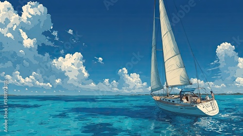 Lifestyle illustration Sailing yacht lifestyle captain navigating luxurious sailboat smoothly gliding across azure waters under sunny blue skies peacefully