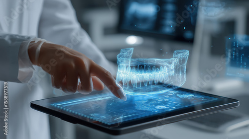 Medical professional in a lab coat interacts with a tablet displaying a holographic dental model, showcasing advanced technology in dentistry and digital health innovation
